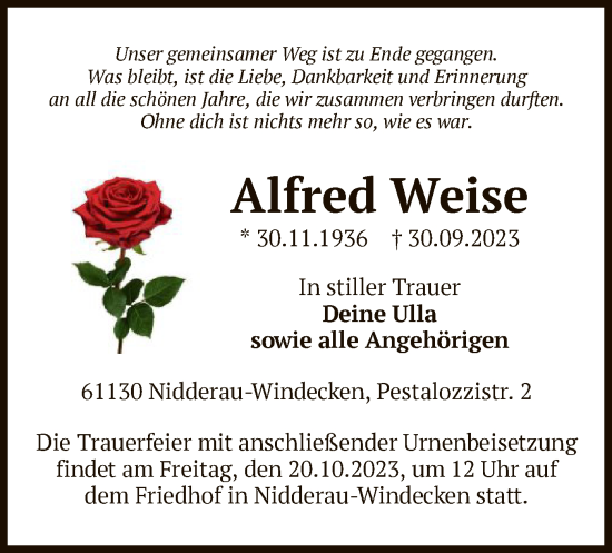 Traueranzeige von Alfred Weise von OF