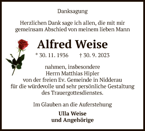 Traueranzeige von Alfred Weise von OF