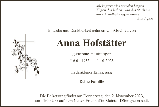 Traueranzeige von Anna Hofstätter von OF