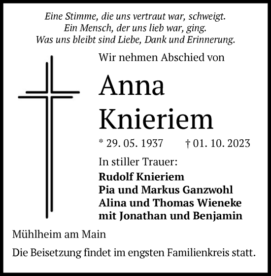 Traueranzeige von Anna Knieriem von OF