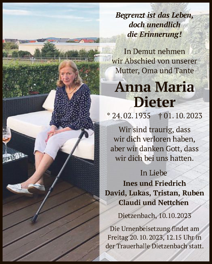  Traueranzeige für Anna Maria Dieter vom 11.10.2023 aus OF