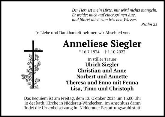 Traueranzeige von Anneliese Siegler von OF