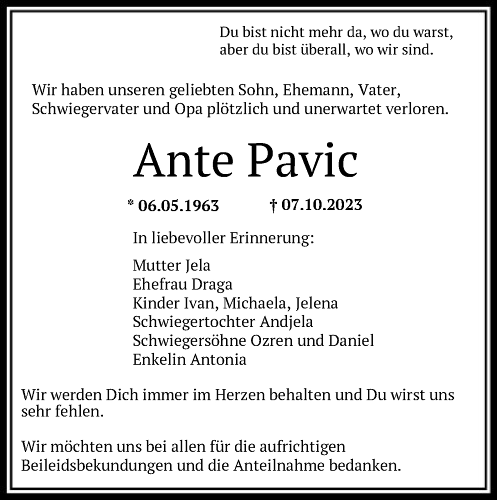  Traueranzeige für Ante Pavic vom 25.10.2023 aus OF