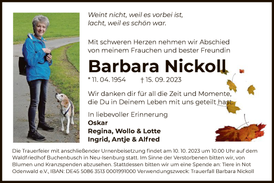 Traueranzeige von Barbara Nickoll von OF