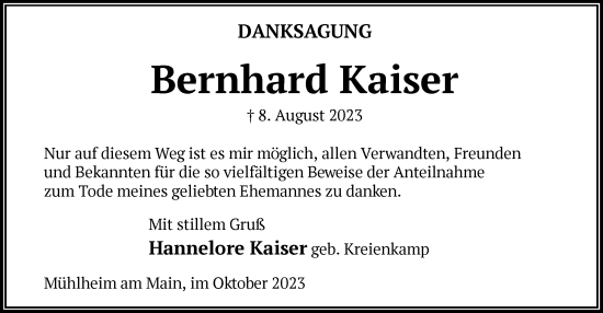 Traueranzeige von Bernhard Kaiser von OF