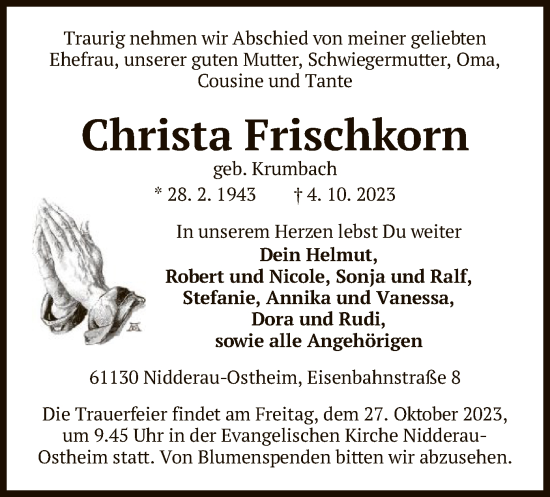 Traueranzeige von Christa Frischkorn von OF