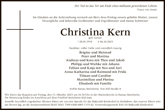 Traueranzeige von Christina Kern von OF