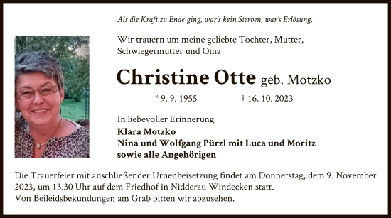 Traueranzeige von Christine Otte von OF