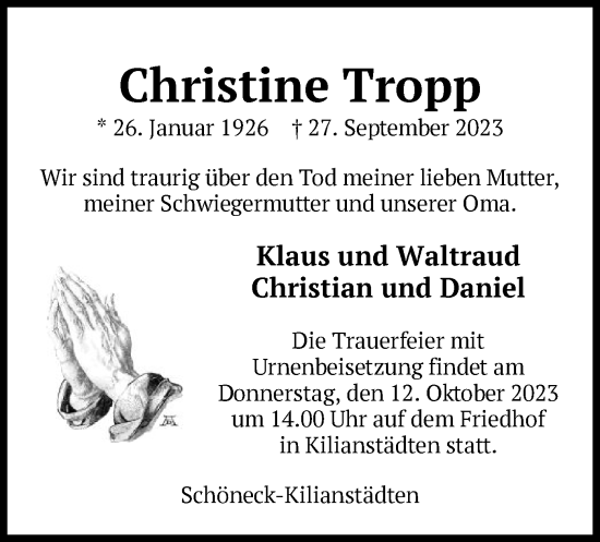 Traueranzeige von Christine Tropp von OF