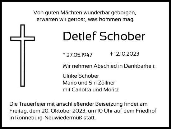 Traueranzeige von Detlef Schober von OF