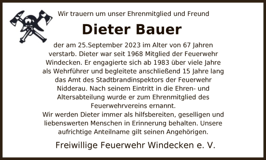 Traueranzeige von Dieter Bauer von OF