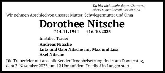 Traueranzeige von Dorothee Nitsche von OF