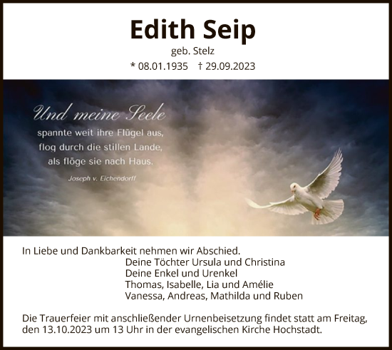 Traueranzeige von Edith Seip von OF