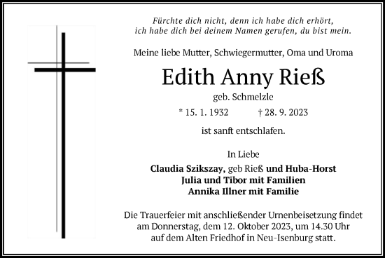 Traueranzeige von Edith Anny Rieß von OF