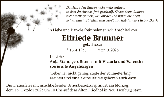 Traueranzeige von Elfriede Brunner von OF