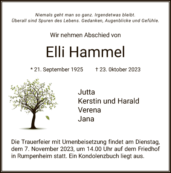 Traueranzeige von Elli Hammel von OF