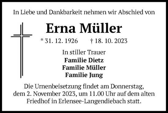 Traueranzeige von Erna Müller von OF