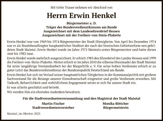 Traueranzeige von Erwin Henkel von OF