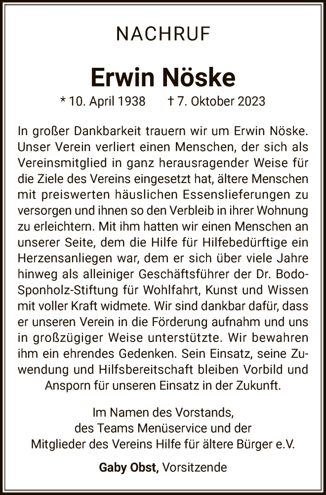  Traueranzeige für Erwin Nöske vom 19.10.2023 aus OF