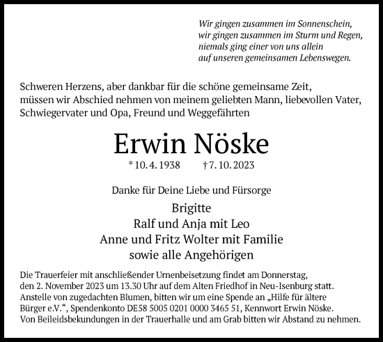 Traueranzeige von Erwin Nöske von OF