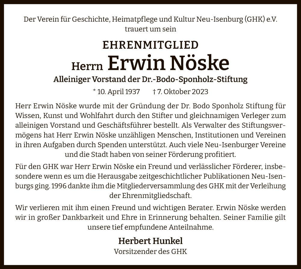  Traueranzeige für Erwin Nöske vom 19.10.2023 aus OF