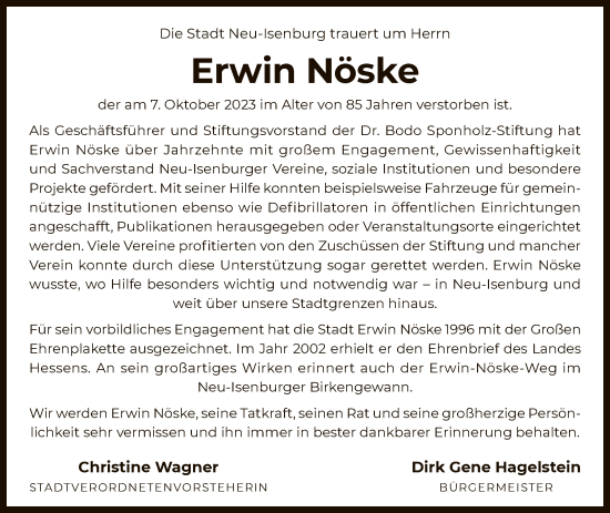 Traueranzeige von Erwin Nöske von OF