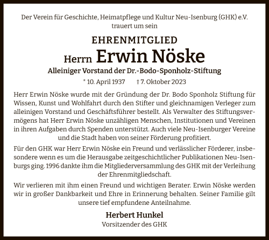 Traueranzeige von Erwin Nöske von OF