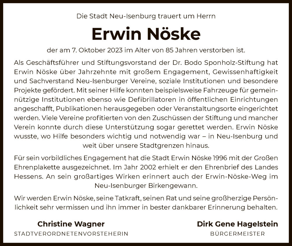  Traueranzeige für Erwin Nöske vom 19.10.2023 aus OF