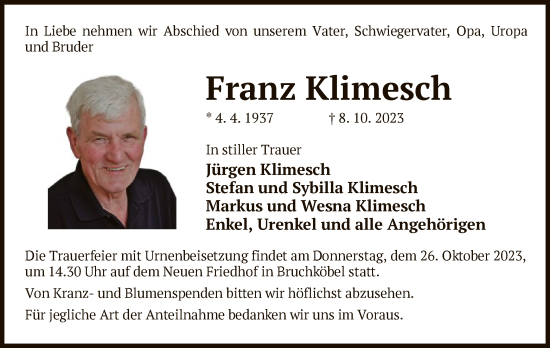 Traueranzeige von Franz Klimesch von OF