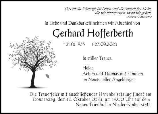 Traueranzeige von Gerhard Hofferberth von OF