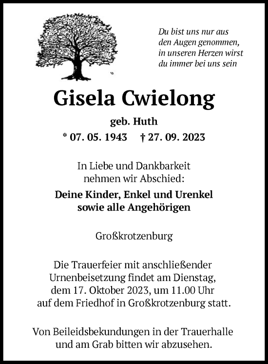 Traueranzeige von Gisela Cwielong von OF