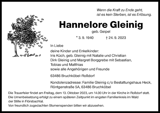 Traueranzeige von Hannelore Gleinig von OF