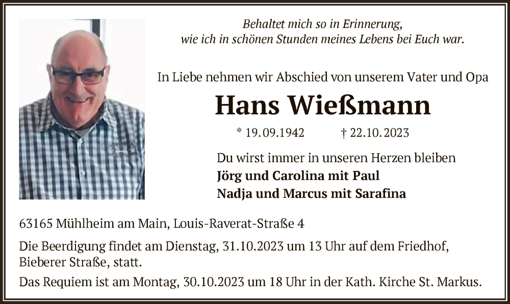  Traueranzeige für Hans Wießmann vom 28.10.2023 aus OF