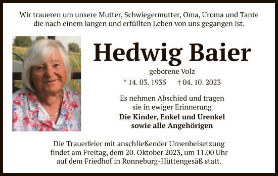 Traueranzeige von Hedwig Baier von OF