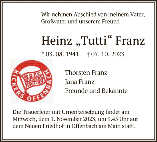 Traueranzeige von Heinz Franz von OF