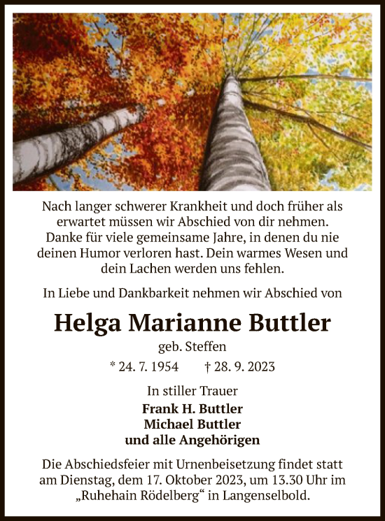 Traueranzeige von Helga Marianne Buttler von OF