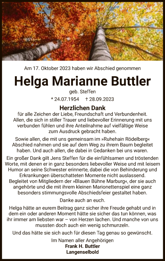 Traueranzeige von Helga Marianne Buttler von OF