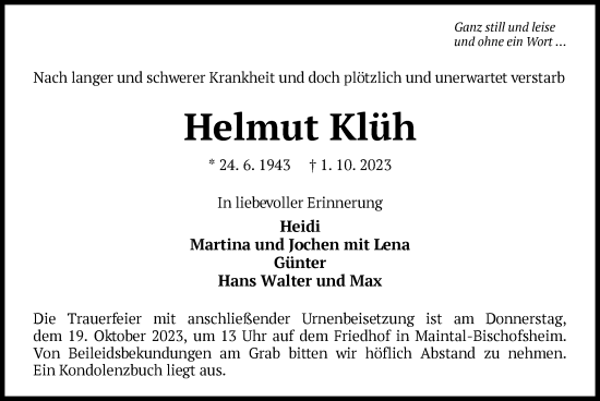 Traueranzeige von Helmut Klüh von OF