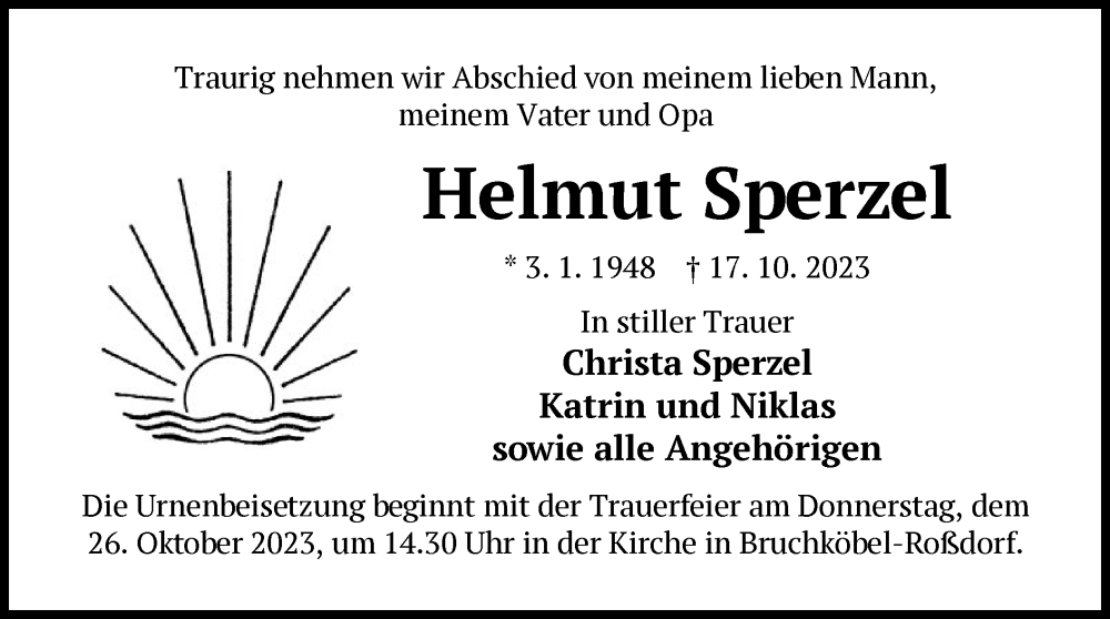  Traueranzeige für Helmut Sperzel vom 21.10.2023 aus OF