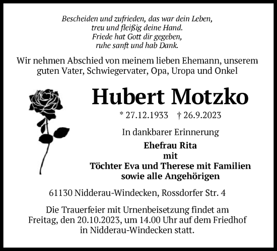 Traueranzeige von Hubert Motzko von OF