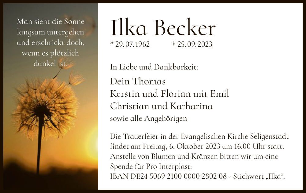  Traueranzeige für Ilka Becker vom 04.10.2023 aus OF