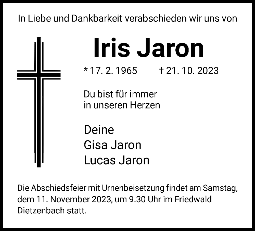  Traueranzeige für Iris Jaron vom 28.10.2023 aus OF