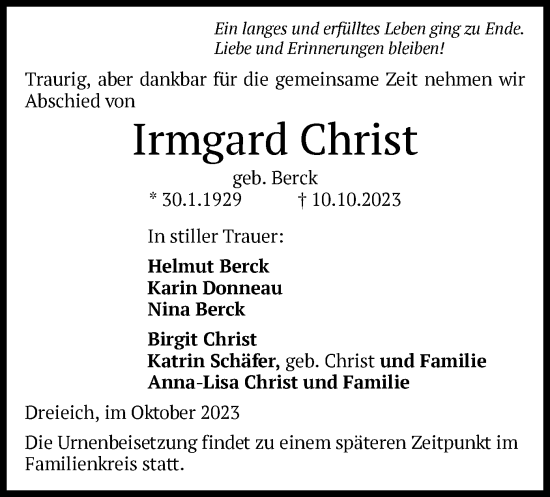 Traueranzeige von Irmgard Christ von OF