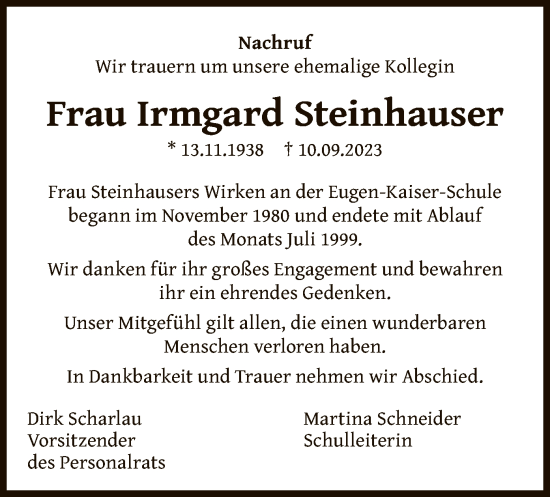 Traueranzeige von Irmgard Steinhauser von OF