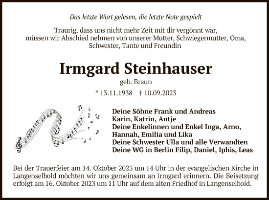 Traueranzeige von Irmgard Steinhauser von OF