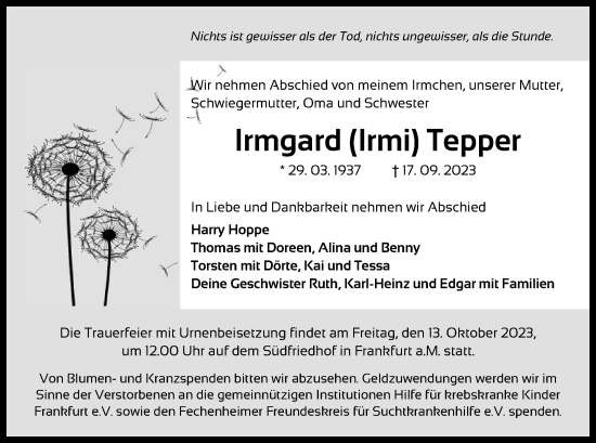 Traueranzeige von Irmgard Tepper von OF