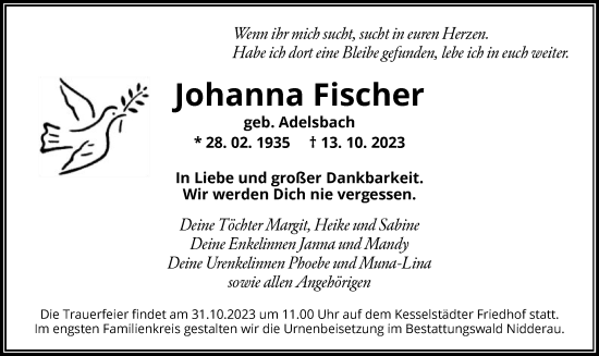 Traueranzeige von Johanna Fischer von OF