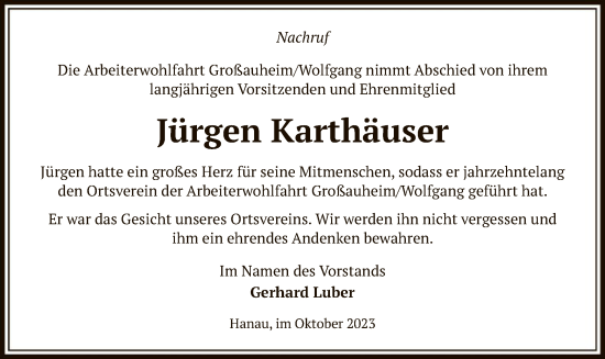 Traueranzeige von Jürgen Karthäuser von OF