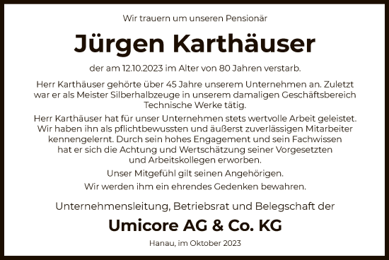 Traueranzeige von Jürgen Karthäuser von OF