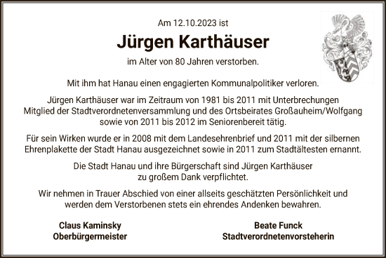 Traueranzeige von Jürgen Karthäuser von OF